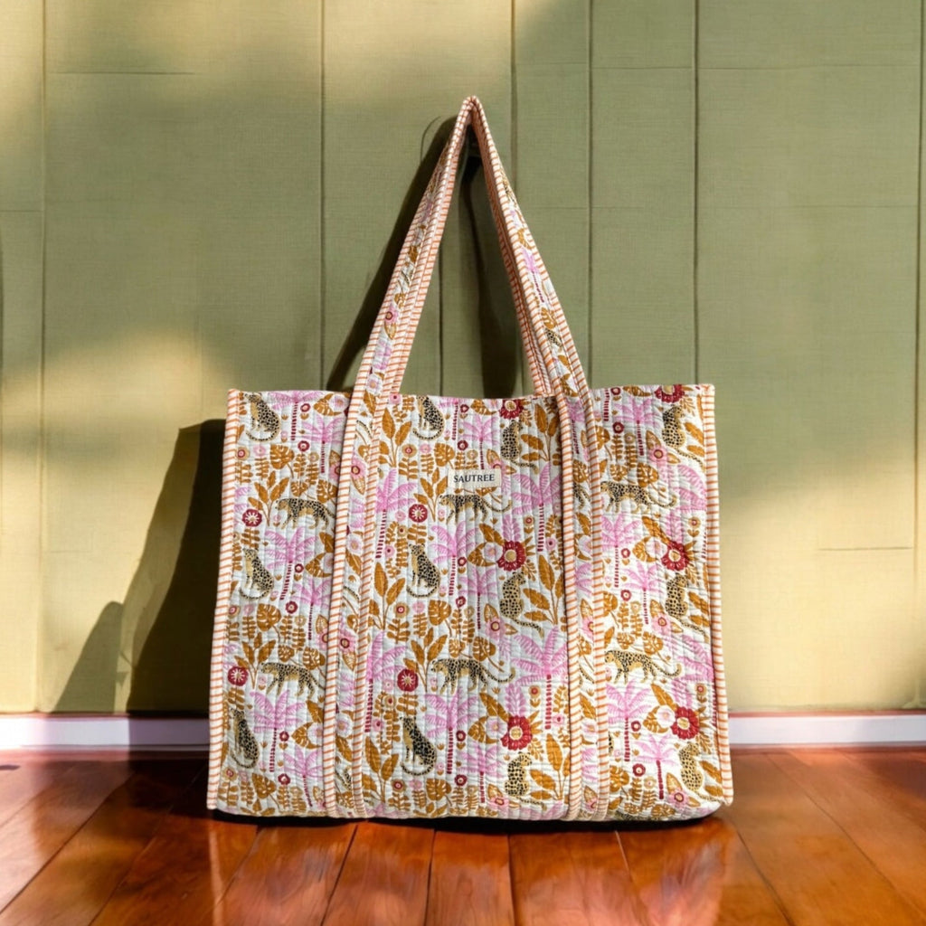 Hand Block Printed Quilted Tote Bag – large shopper bag, eco-friendly & stylish for travel, shopping & everyday use in the UK. Quilted Shopper bag. Yellow Tote bag, Large Handbag.