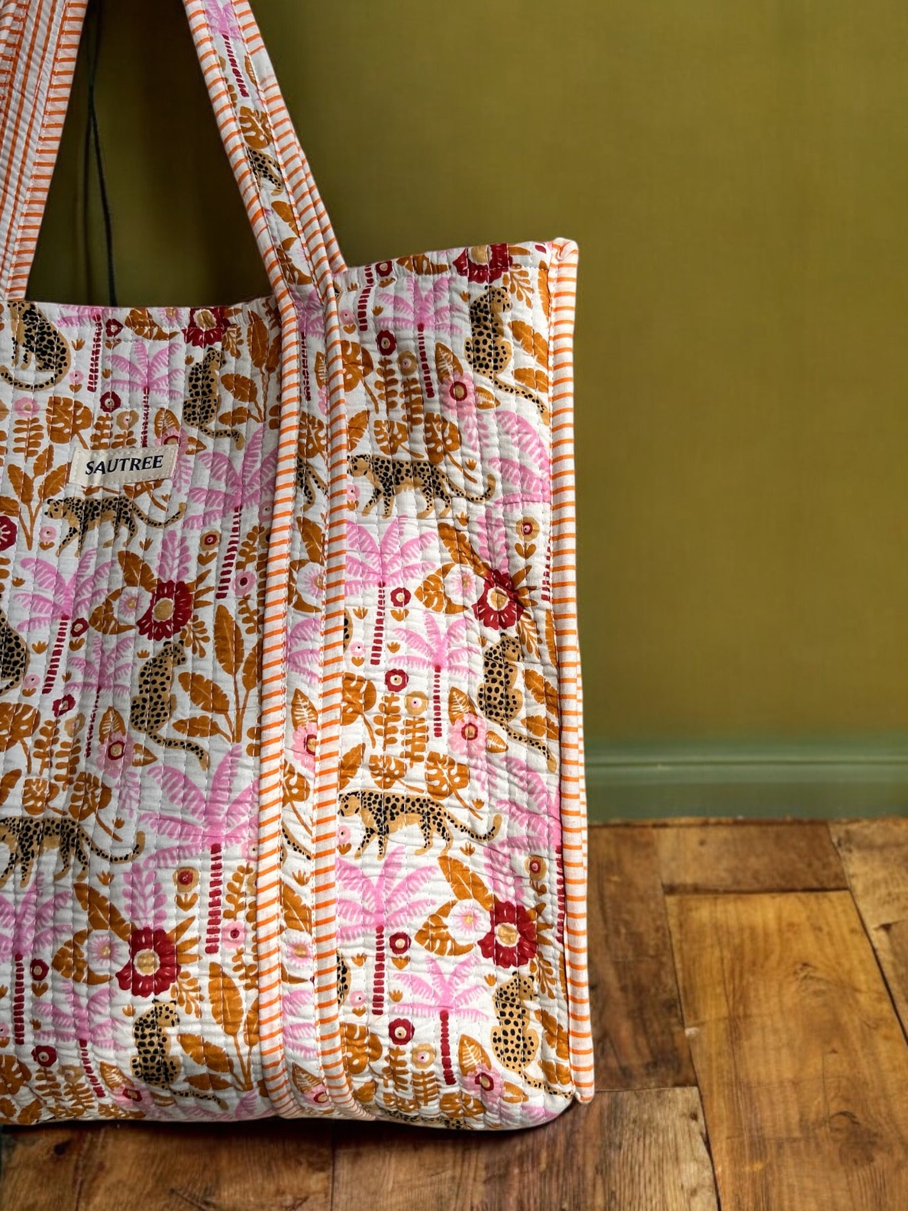 Hand Block Printed Quilted Tote Bag – large shopper bag, eco-friendly & stylish for travel, shopping & everyday use in the UK. Quilted Shopper bag. Yellow Tote bag, Large Handbag.