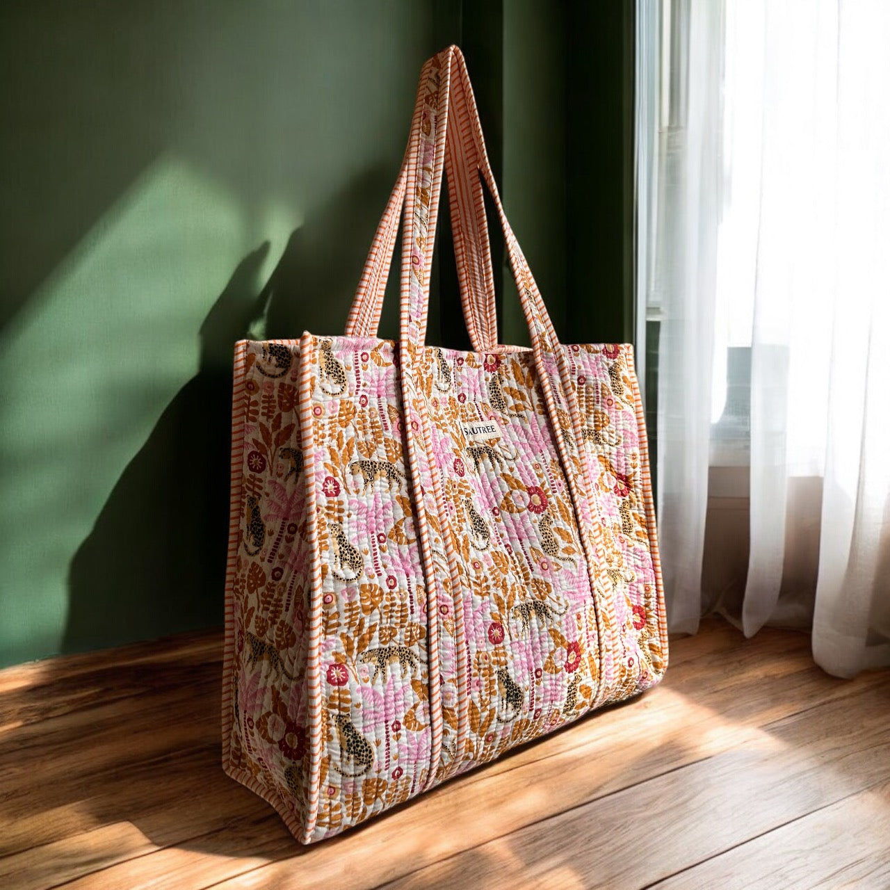 Hand Block Printed Quilted Tote Bag – large shopper bag, eco-friendly & stylish for travel, shopping & everyday use in the UK. Quilted Shopper bag. Yellow Tote bag, Large Handbag.