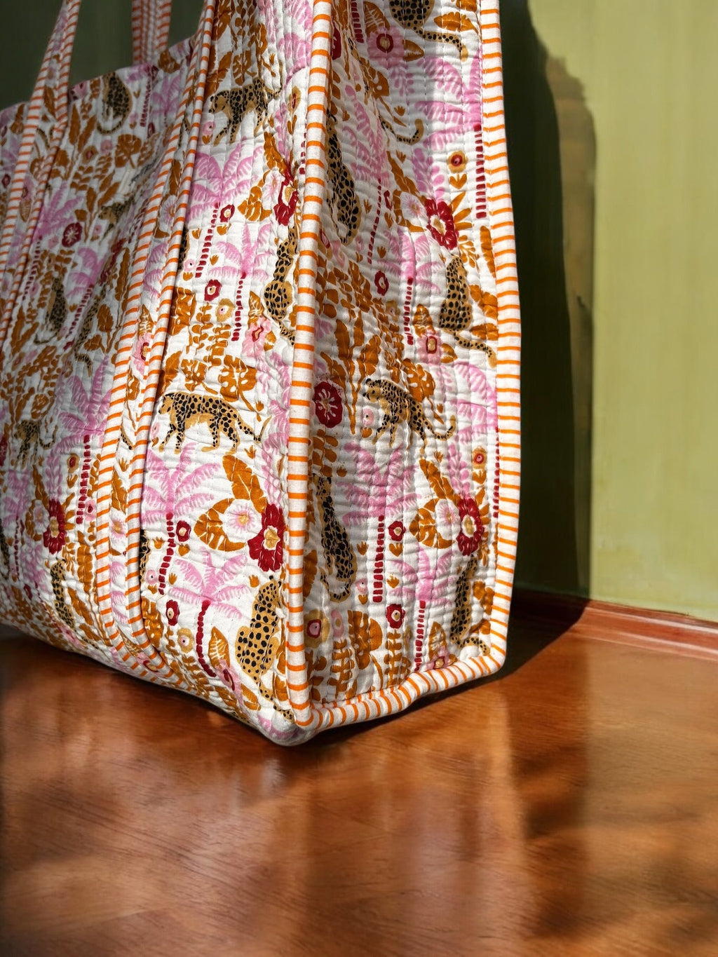 Hand Block Printed Quilted Tote Bag – large shopper bag, eco-friendly & stylish for travel, shopping & everyday use in the UK. Quilted Shopper bag. Yellow Tote bag, Large Handbag.